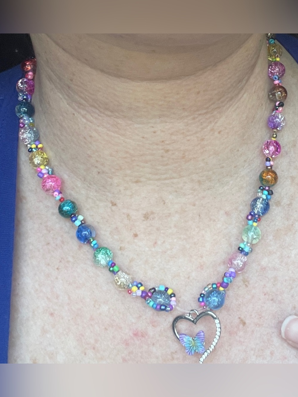 Mother’s Day Necklace With Flowers And Glass Beads With A Butterfly Pendant